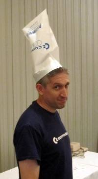 Greg Alakel Modeling the Combo Goodie Bag/Commdore Fan Headgear